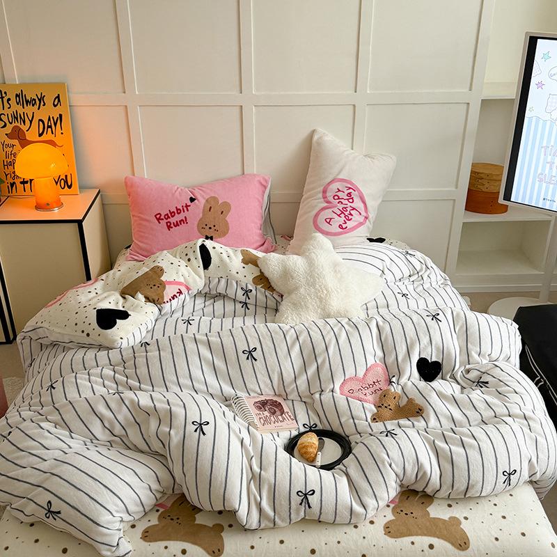 Love Cute Pet~ Thickened Milk Fleece Towel Embroidered Striped Love Rabbit Bed Four-Piece Coral Fleece 1.5 Meters