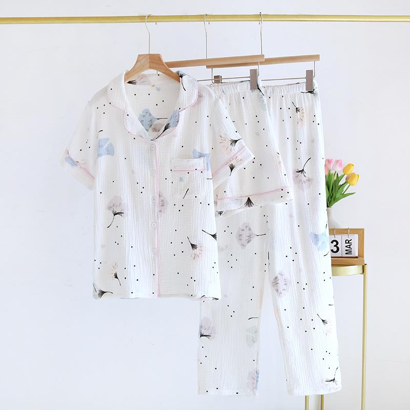Summer New Three-piece Women's Pajamas Set 100% Cotton Crepe Short-sleeved + Shorts + Trousers Thin Women's