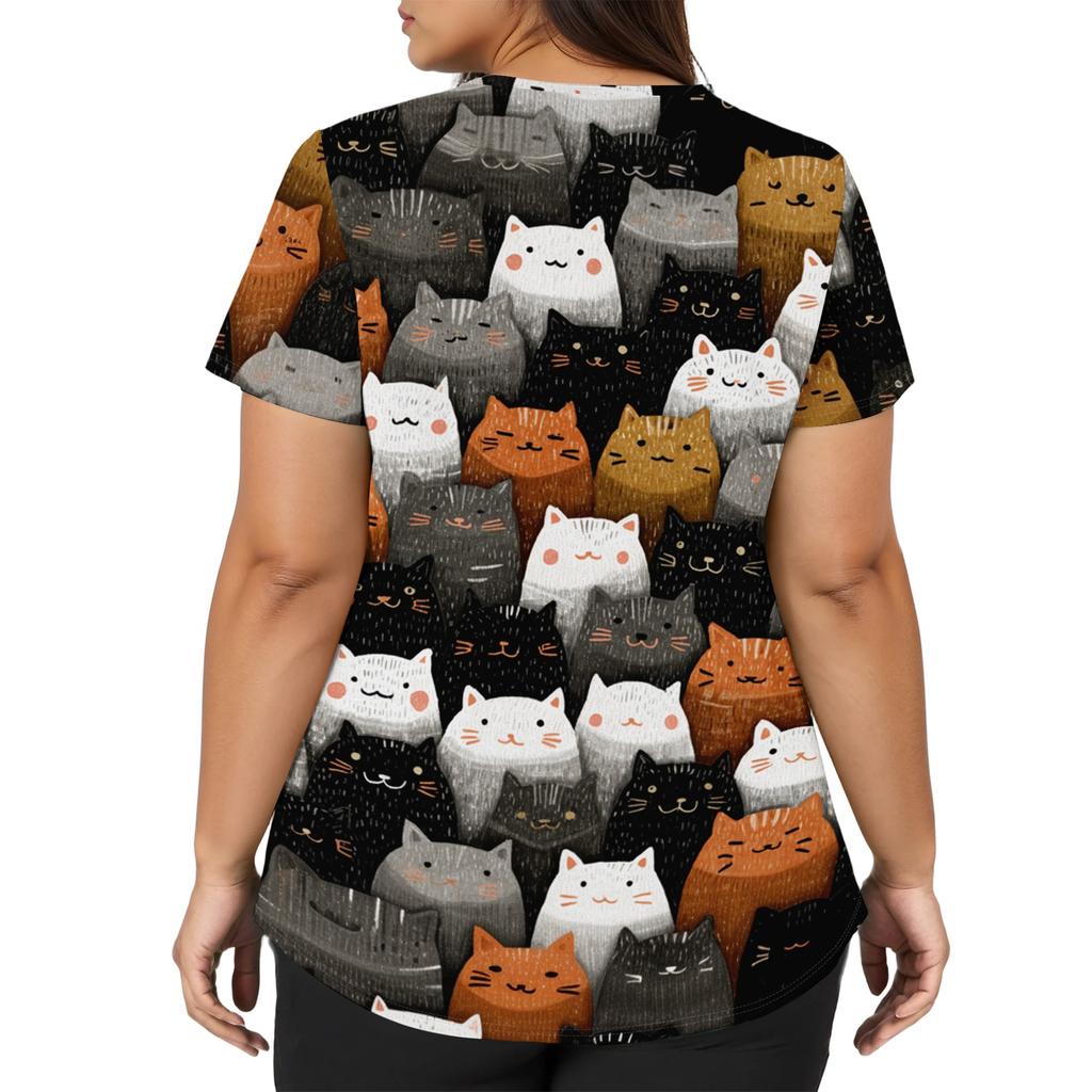 Women's V Neck Short Sleeve Work Top with Pockets Cartoon Print Medical Uniform Scrub Shirt for Healthcare Professionals