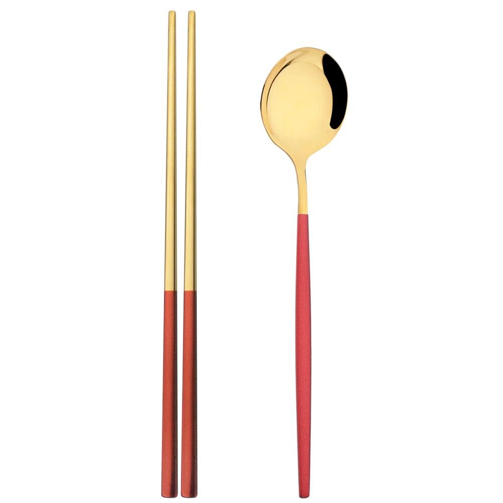 Gold 2Pcs Stainless Steel Tableware Set Mirror Dinner Spoon 304 Chopsticks Cutlery Set Lunch Dinner Set Portable Travel Dinnerware