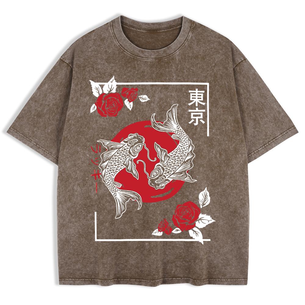 Tokyo Koi Fish Rose Harajuku Washed T-Shirts Mens Cotton Short Sleeve Tops Street O-Neck Oversize T Shirt Summer Clothes