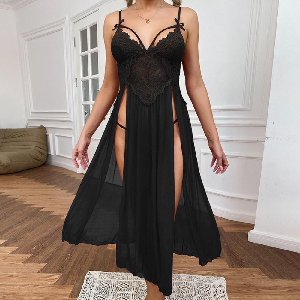 Large Size Sexy Mesh Deep V Lace Pajamas Side Split Suspender Skirt Extended Loungewear Nightdress