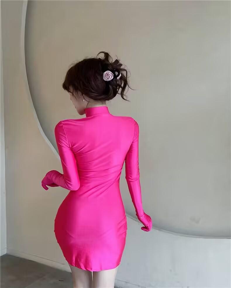 Solide Langarm Mit Handschuhe Mini Kleid Bodycon Sexy Streetwear Party Halb Rollkragen Outfits Y2K Kleidung Großhandel