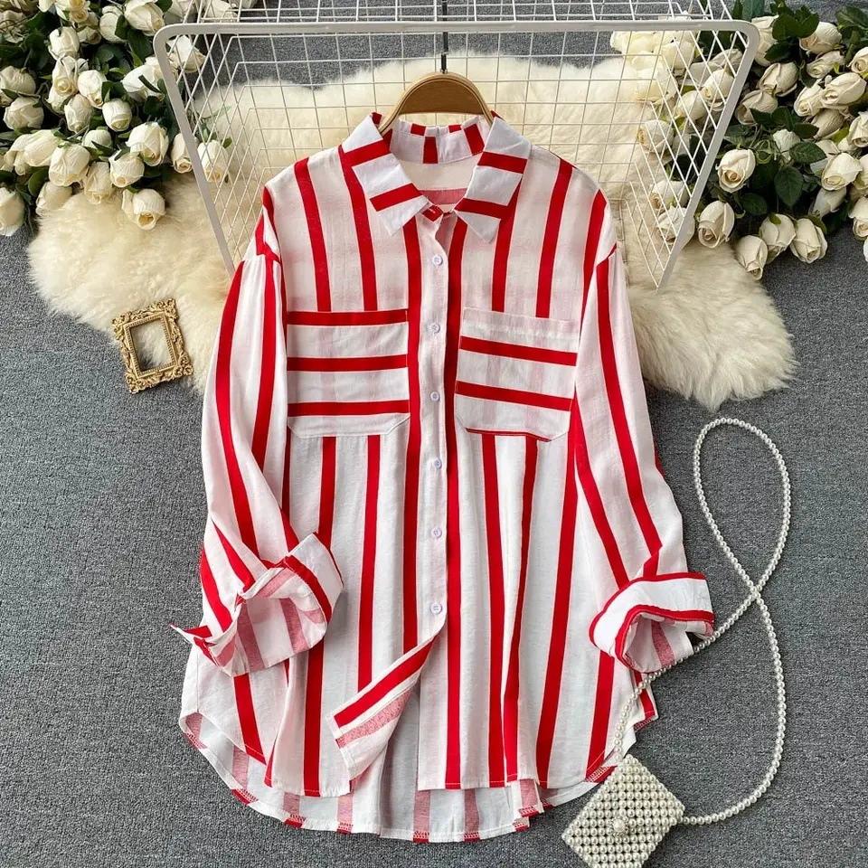 Summer, Spring, Autumn Mid Length Vertical Striped Multi-color Shirt Jacket for Women, Korean Casual Loose Top