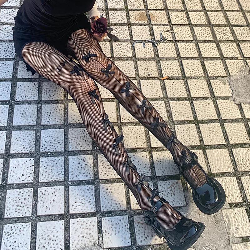 Japanese Style Sexy Black Tights Lolita Girls Bowknot Mesh Fishnet Pantyhose Thigh High Stockings Lingerie Nightclub Tights