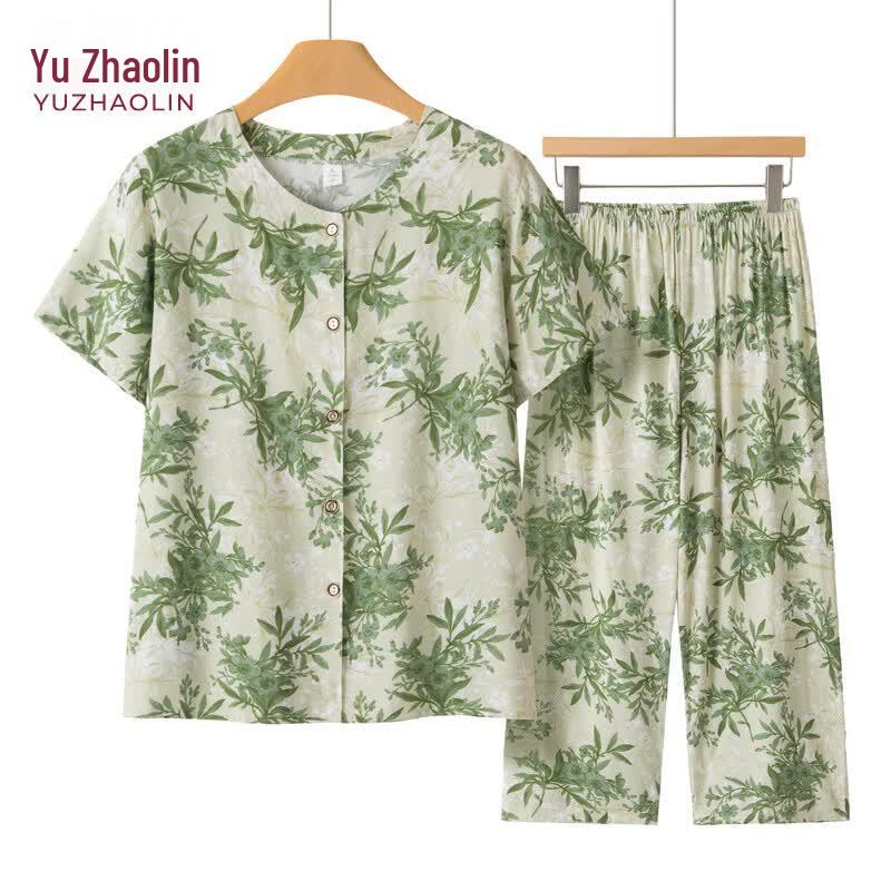 Yuzhaolin Women s Summer Thin Plant Print Cardigan Two-Piece Set 4XL