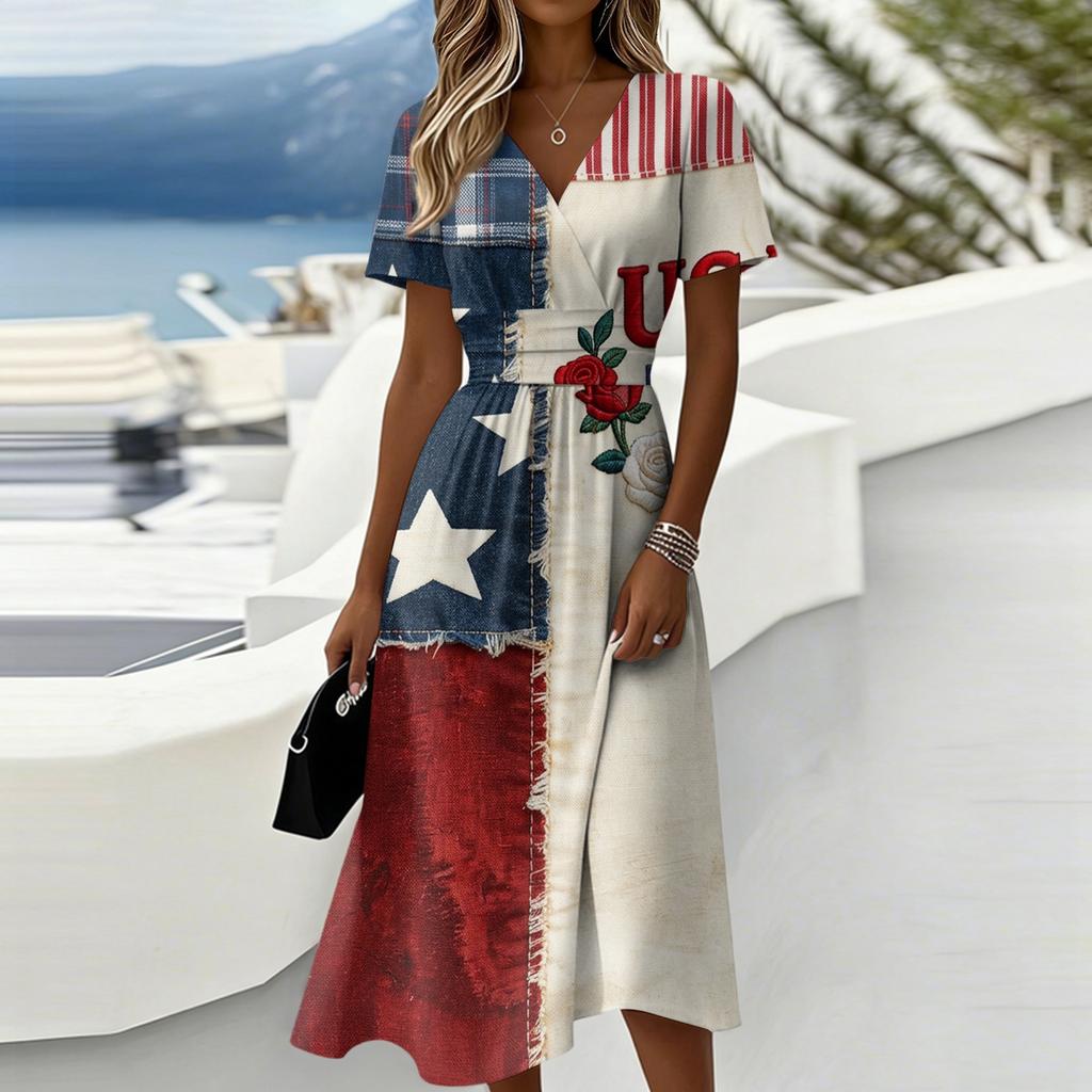 Women's Independence Day Print Casual Fashion Short Sleeve V-Neck Dress