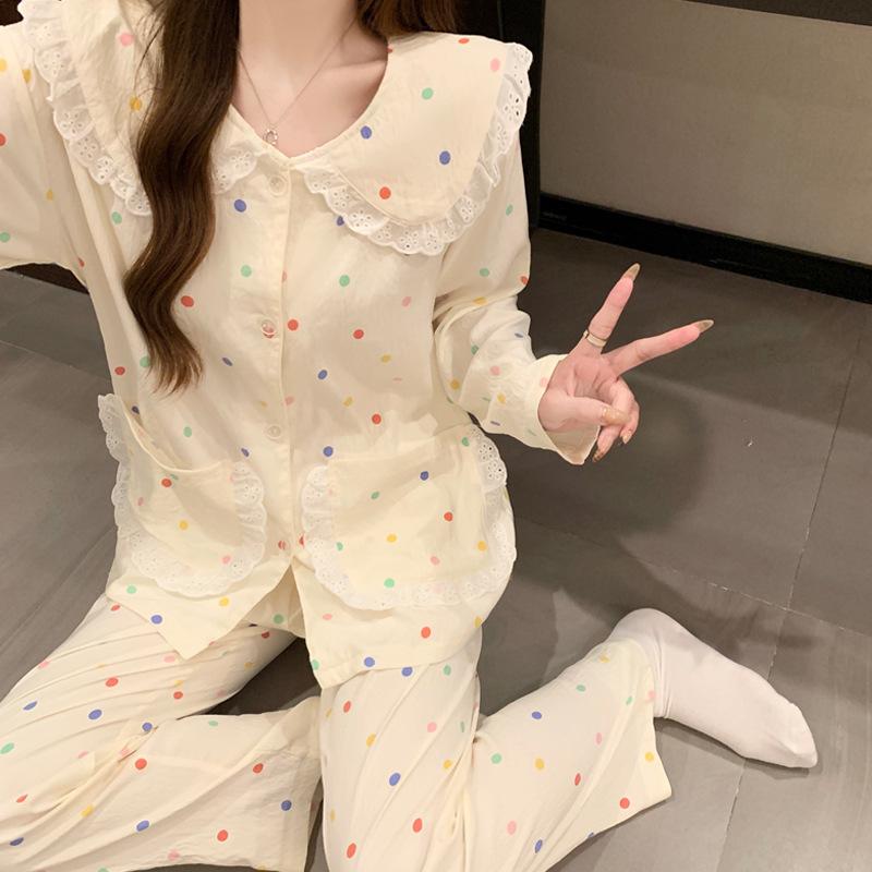 Doll Collar Long-Sleeved Pajamas Women'S Spring And Autumn New Color Polka Dot Simple Cloud Cotton Loungewear Two-Piece Set