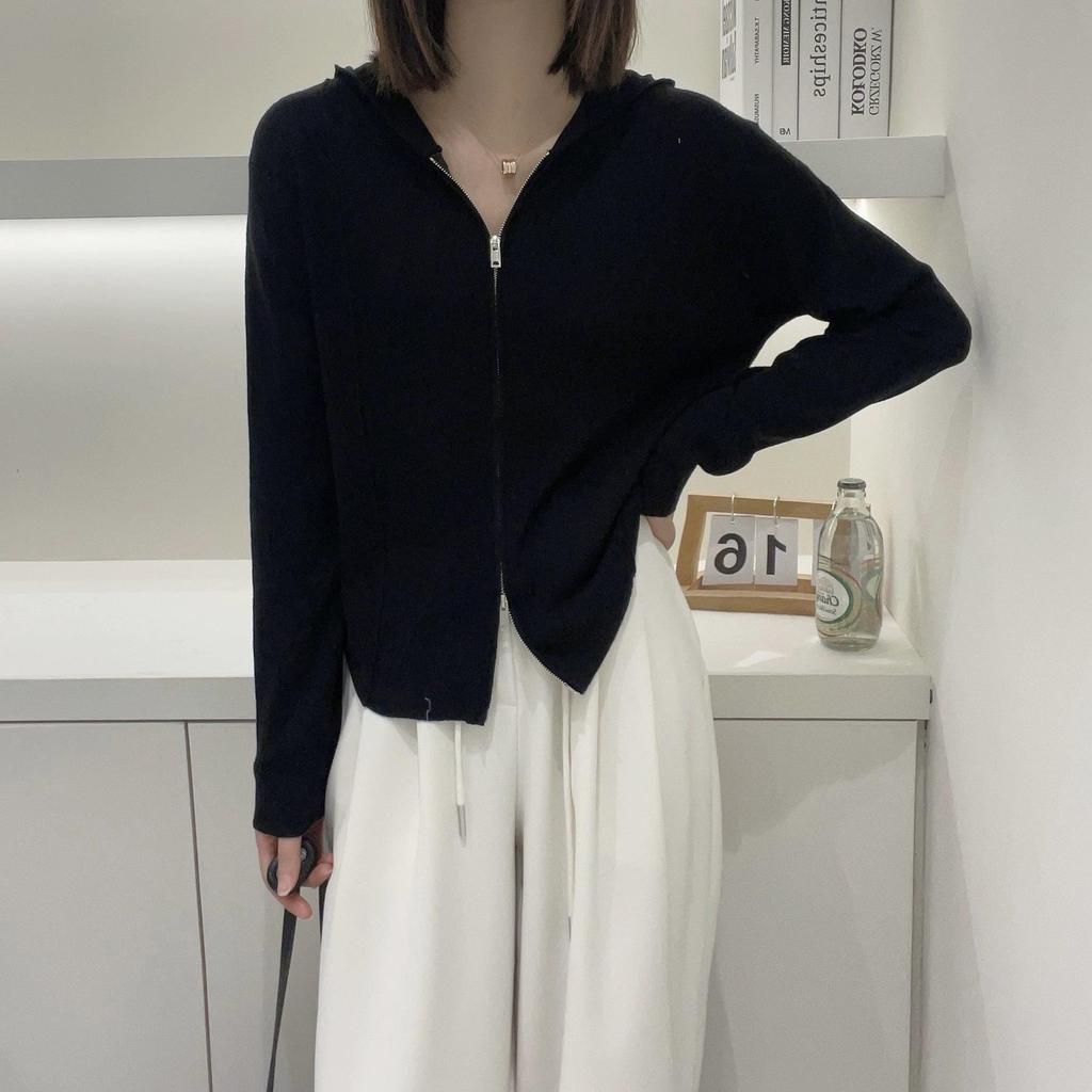 2024 Women's Ultra-Fine Wool Hooded Knit Cardigan Jacket with Double Zipper, European Style
