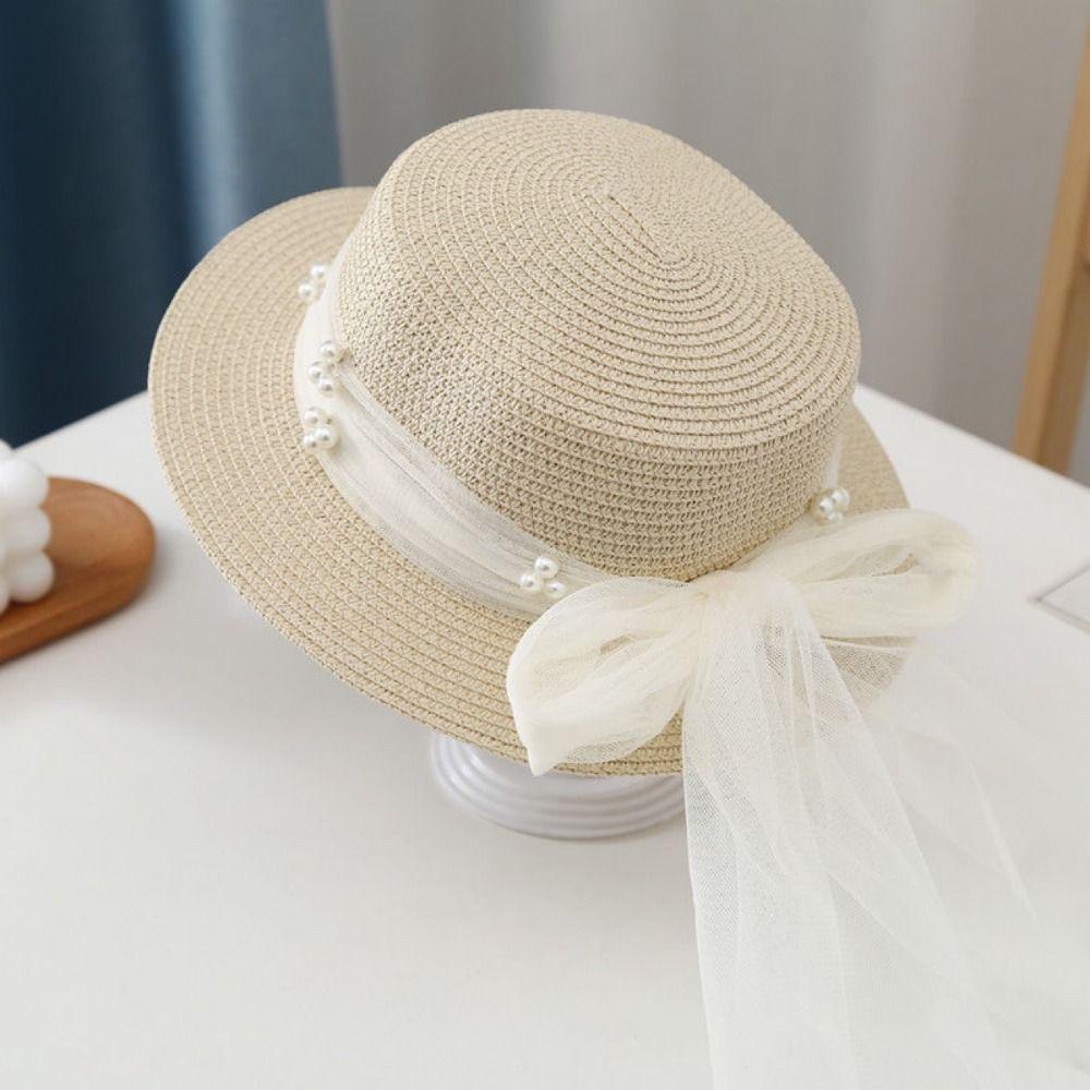 Pearl Summer Straw Hat Pastoral Style UV Protection Cap Ins Wide Brim Sun Hat  Female