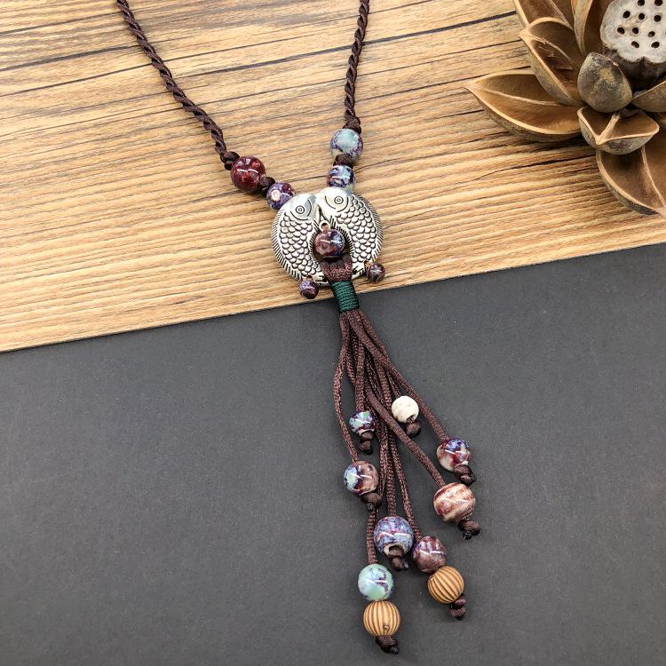 Retro Artistic Cotton-Linen Ceramic Necklace with Tassel Pendant for Women, Ethnic Forest Style, Versatile Long Sweater Chain Accessories.