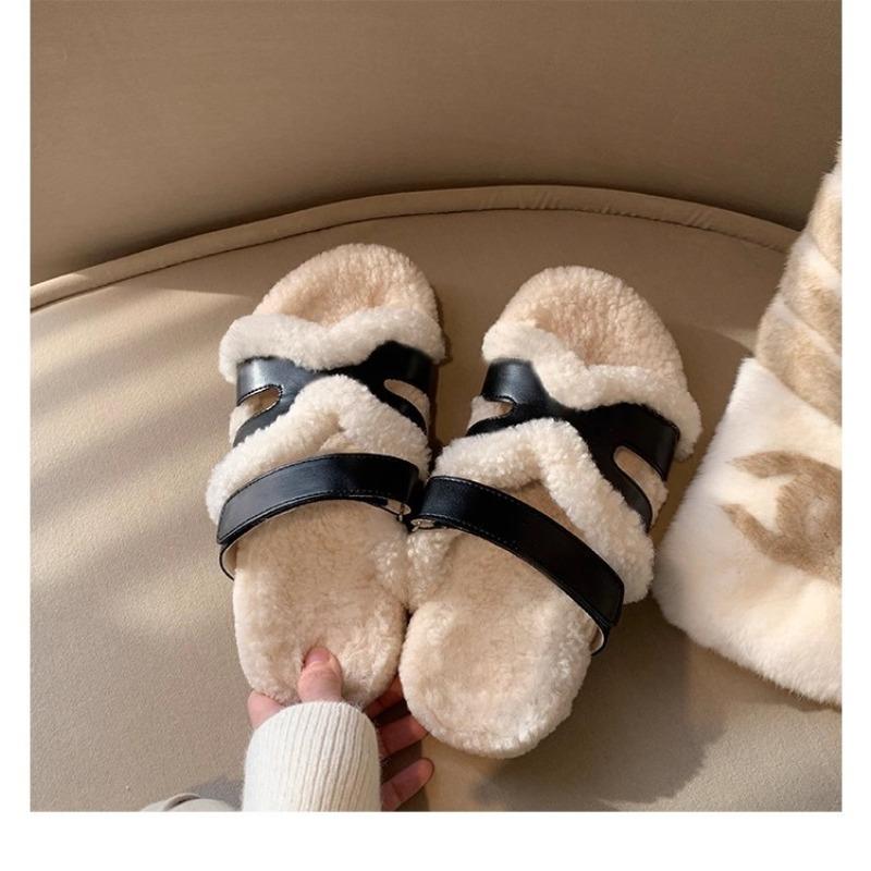 Lazy person with Velcro second uncle thick-soled leather fluffy slippers women wear autumn and winter models