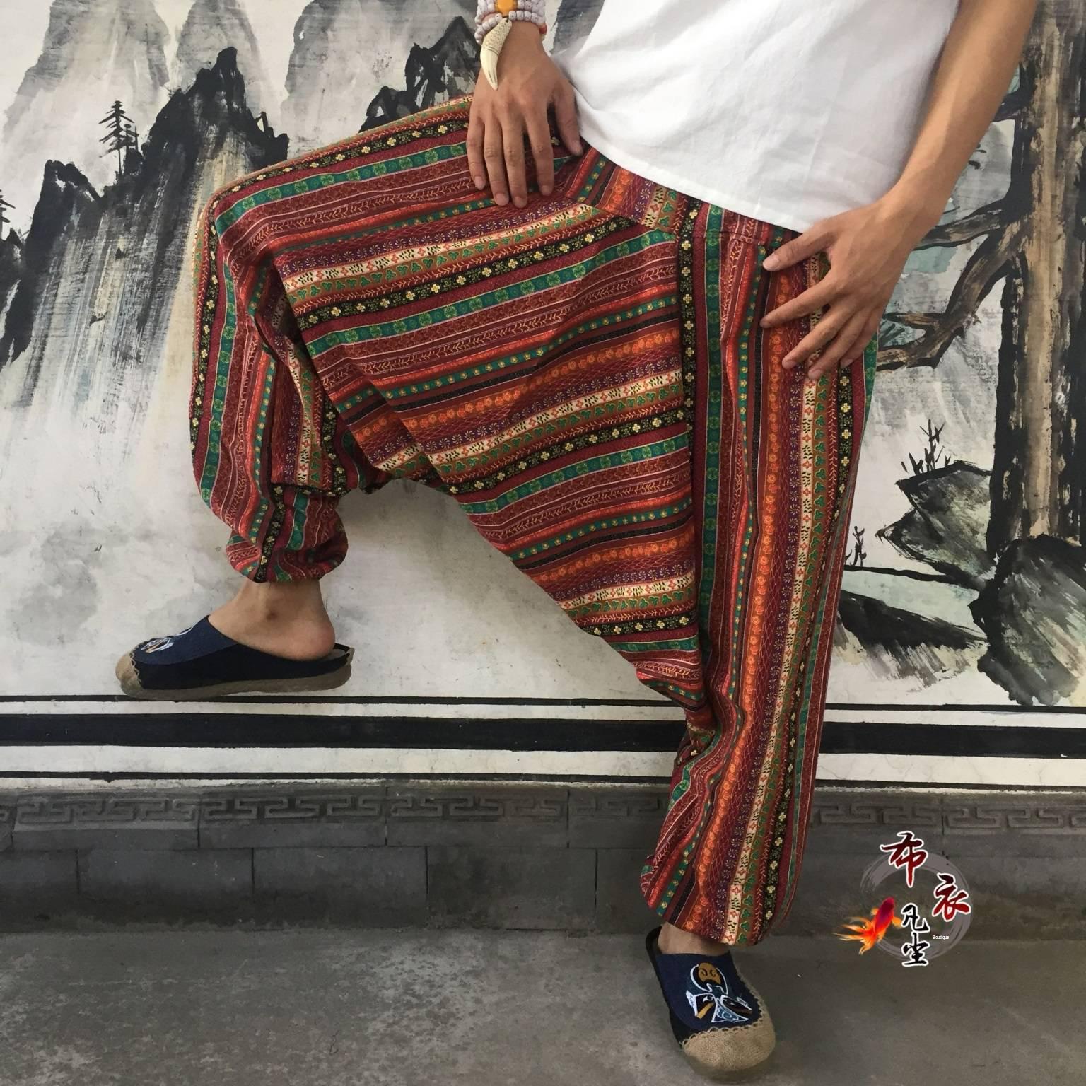 

Непальські Донгба Унісекс Шаровари з широкою ластівкою, Етнічні танцювальні штани з тайської бавовни, Великий розмір One Size