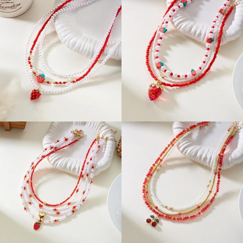 Romantic Heart Pearl Choker Necklace With Cherry And Strawberry Charms For Girls