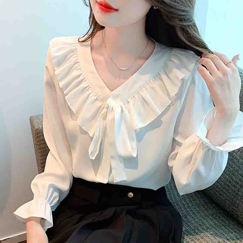 

Мода новинка 2024 года осень длинный рукав шнуровка оборки V-образный вырез повседневная белая шифоновая блузка рубашка женские топы блузки рубашки J551