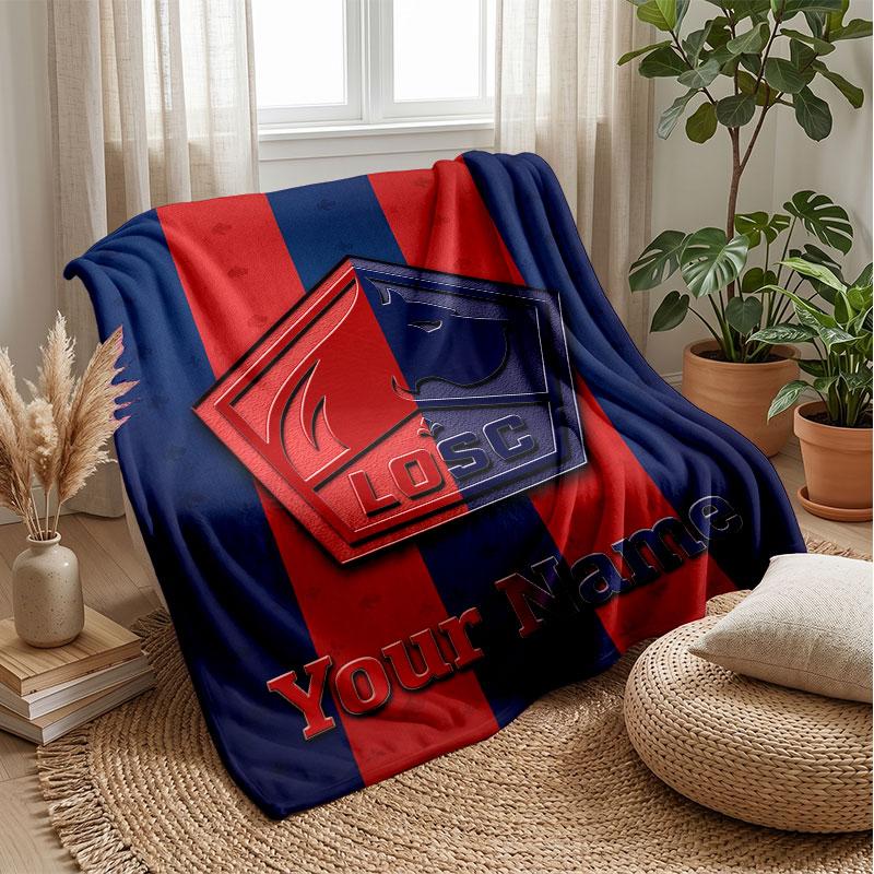 LOSC Lille Custom Name Text Flannel Blanket Soccer Logo Personalized Fleece Throw Blanket Special Gift For Sofa Bedroom Home