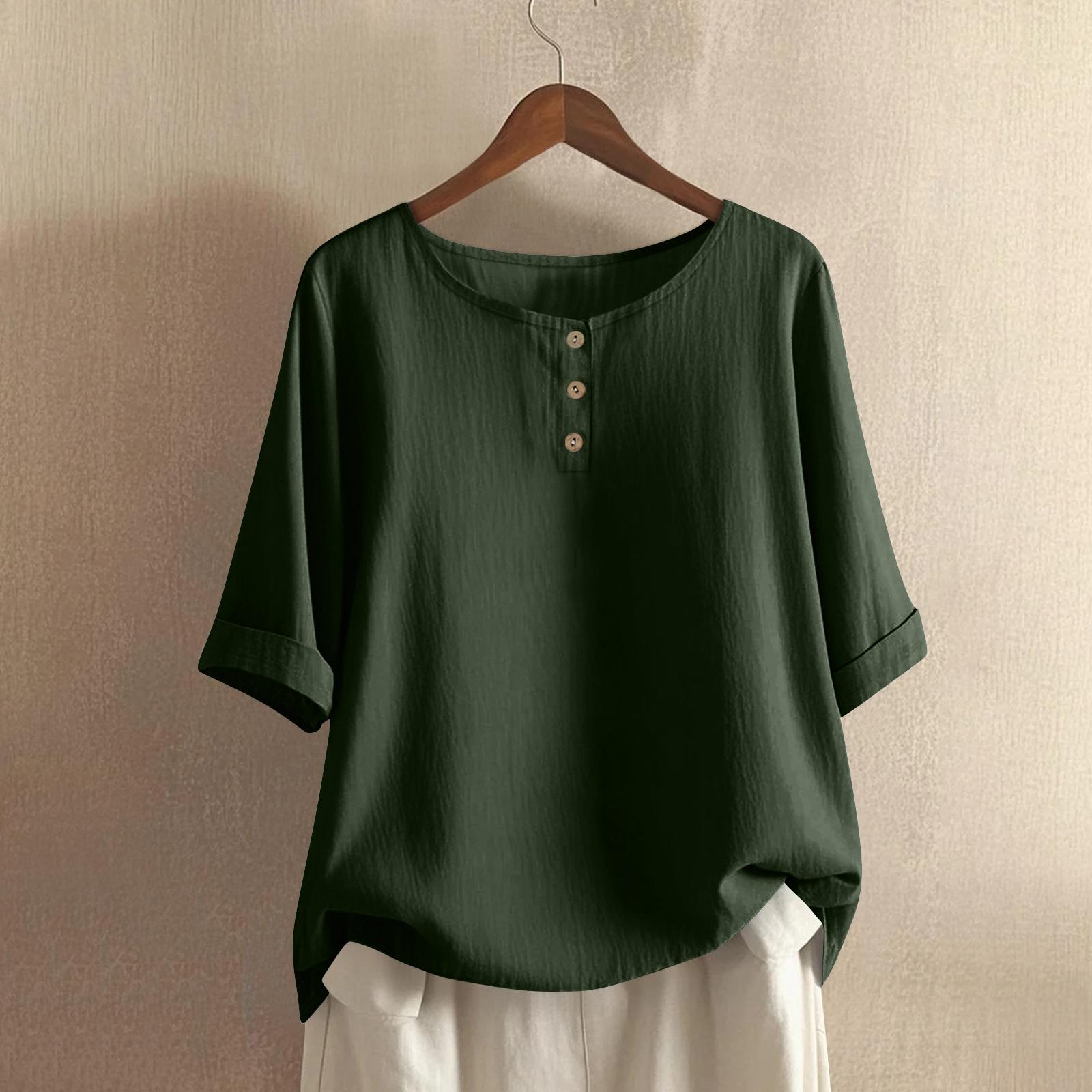 

Women s Fashionable And Casual Shirt Half-sleeve Round Neck -color Cotton And Linen Blouse Top XL