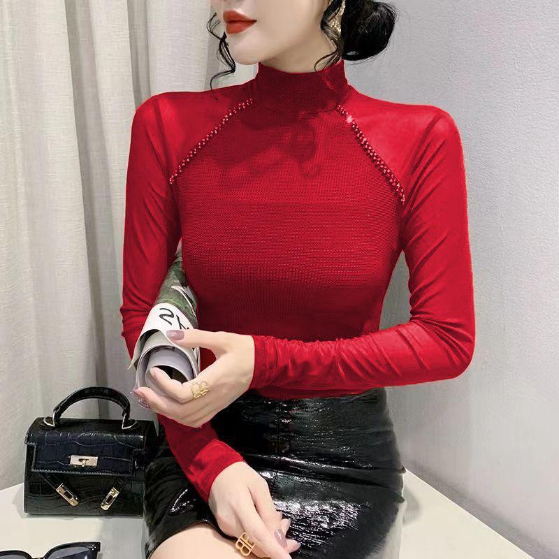 European Autumn 2025 Slim-Fit Beaded Mesh Patchwork Long Sleeve Women's T-Shirt