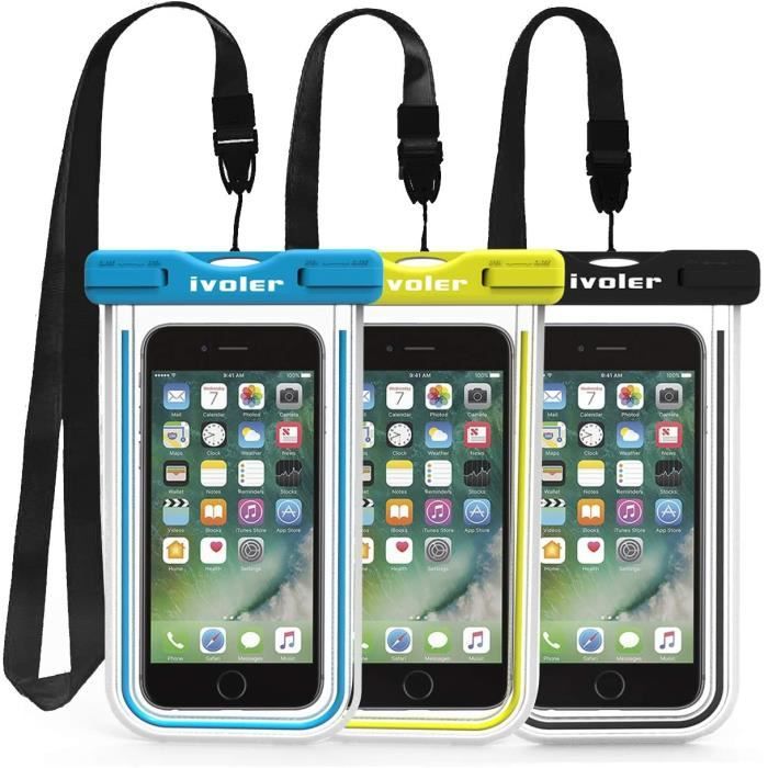 [Pack de 3] Pochette Étanche Téléphone - Universel - Certifiée IPX8 - Noir/Bleu/Vert