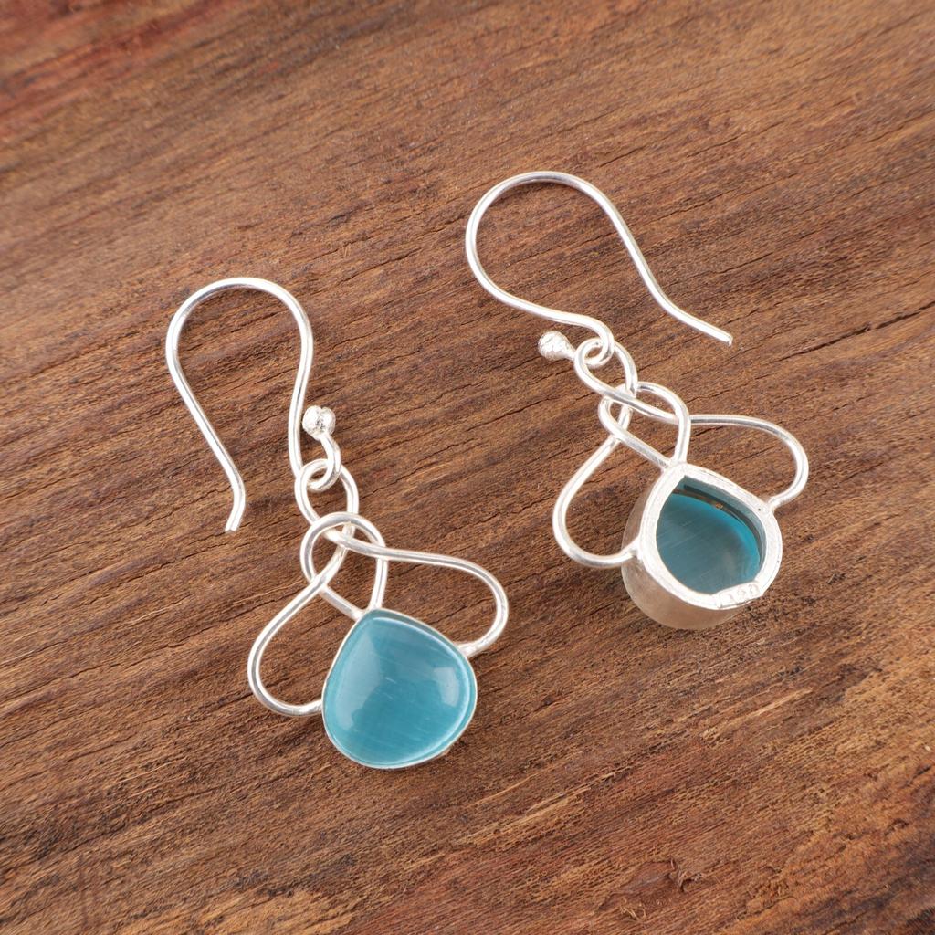 Blue Cat's Eye Gemstone 925 Stamped Silver Jewelry Handmade Hook Earrings 1.50" EE-2-43