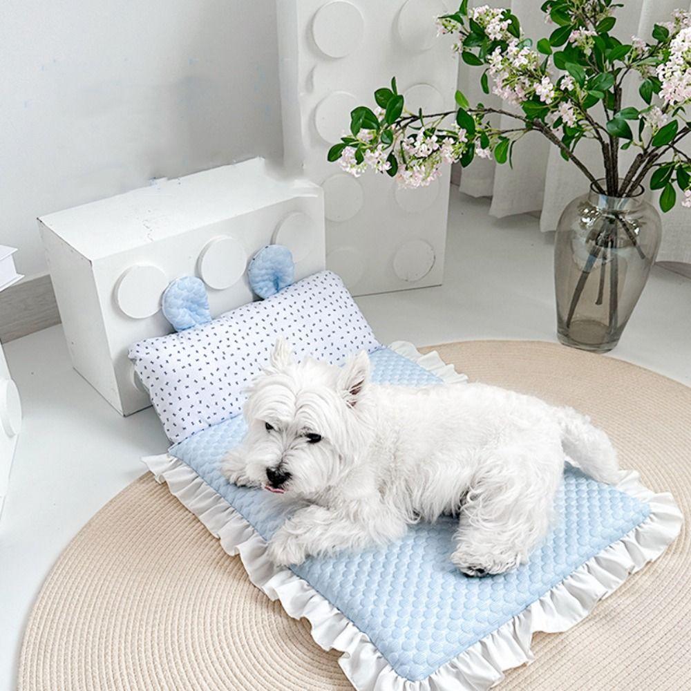 Ice Silk Fabric Pet Cooling Mat Washable Cooling Pet Bed Cute Ears Breathable Dog Bed Summer Use