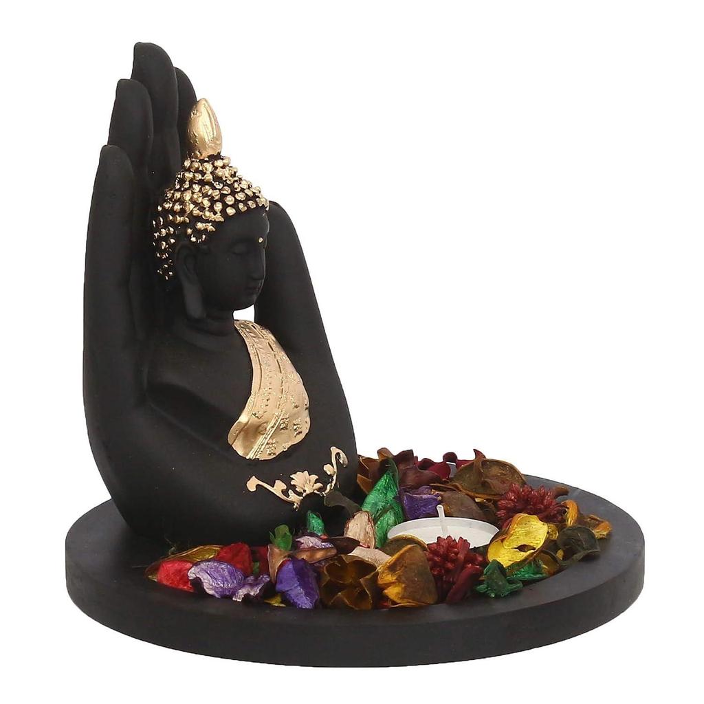 Black Golden Resin Palm Buddha Statue Potpourri Tea Light Holder| Lord Buddha Statue for Living Room| Gautam Buddha Idol for Home Decor|