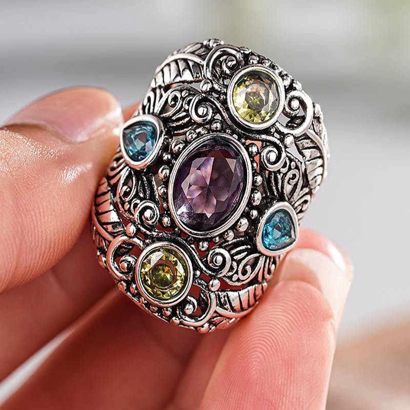 

Huitan Vintage Women Ring Anti Copper Color Inlaid Shining Colorful CZ Engraved Design Accessories for Party Creative Zircon 6