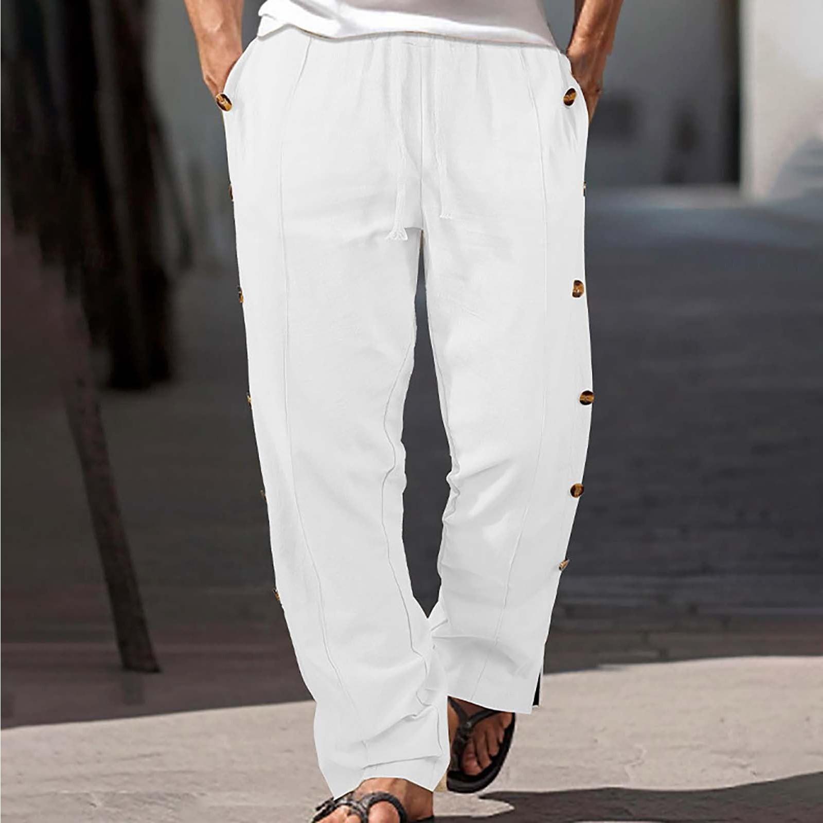 

Мужские повседневные свободные однотонные брюки из хлопка и льна с несколькими пуговицами XL белый