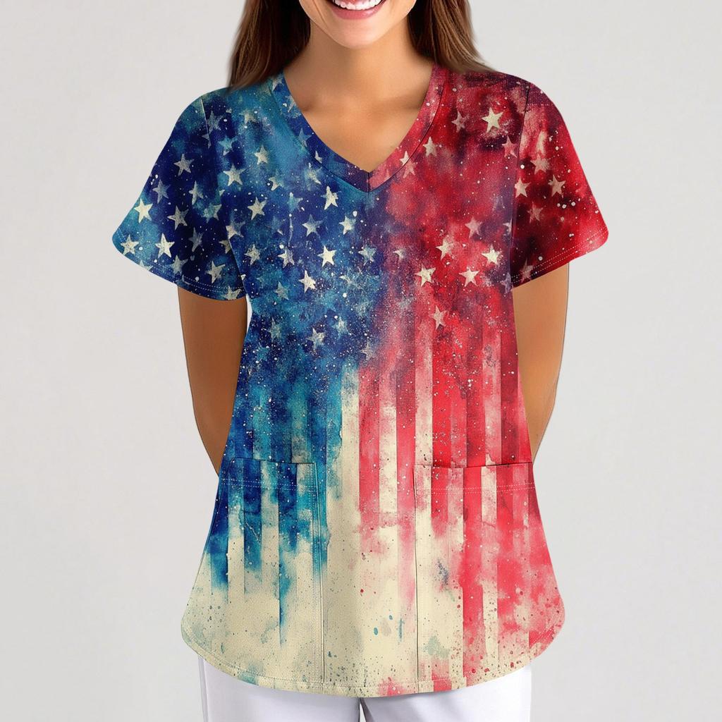 Plus Size Printed Scrub Working Uniform Tops For Women's Cross V-Neck  Short Sleeve Fun T-Shirts Workwear Tee With Pockets