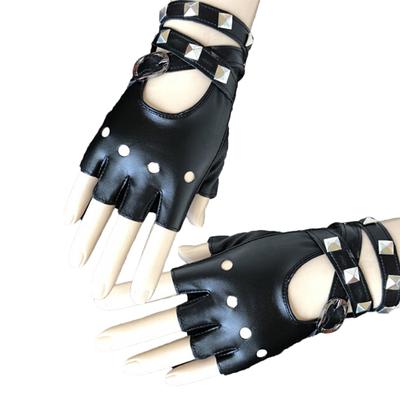 Damen Leder Halbfingerhandschuhe Punk Nieten Gürtelhandschuhe Halloween Party Punk