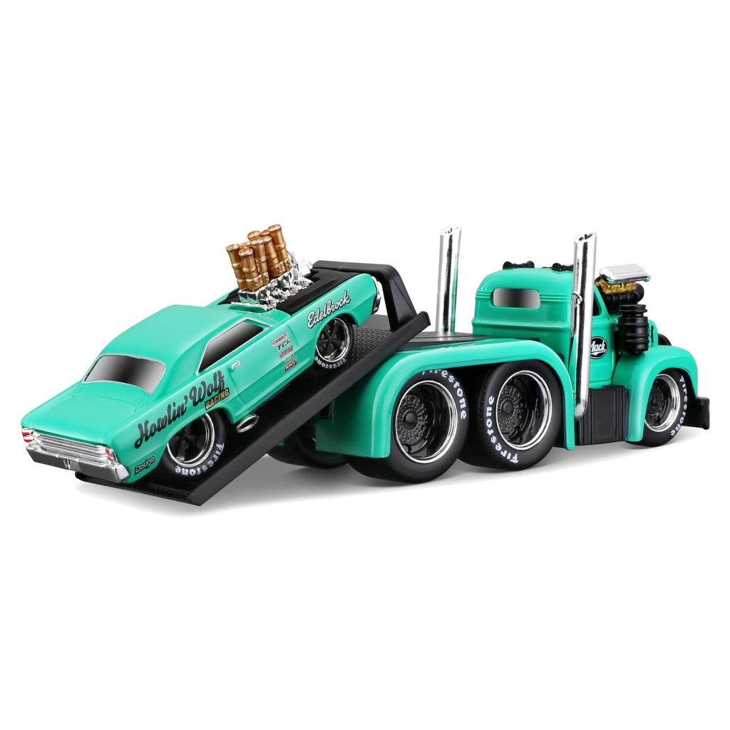Maisto 1/64 Scale Muscle Machines Muscle Transporter Diecast Model Car (1953 MACK B-61 Flatbed / 1968 Dodge Dart HEMI Gasser - Green 11542)