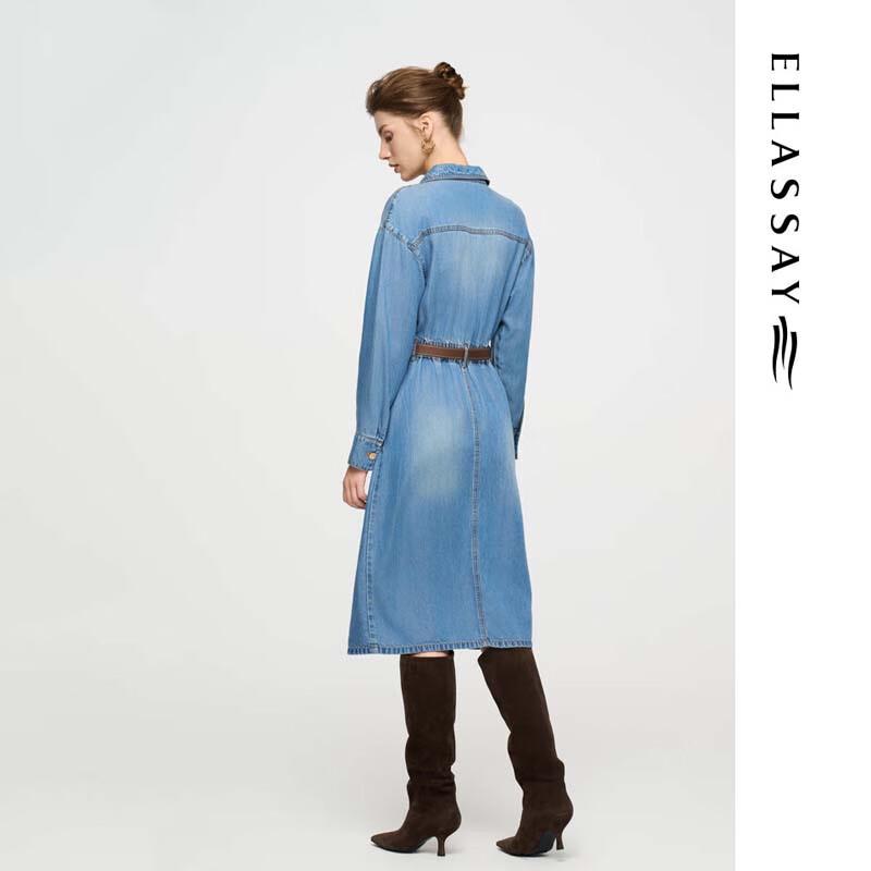 ELLASSAY Women's Lyocell Denim Waist-Cinching Long Sleeve Dress