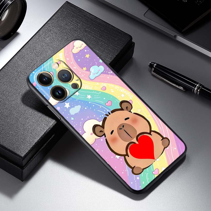 Cartoon Anime Capibala Art Phone Case For Apple iPhone 17 16 16E 15 14 13 12 11 Pro Max Plus Black Soft Silicone