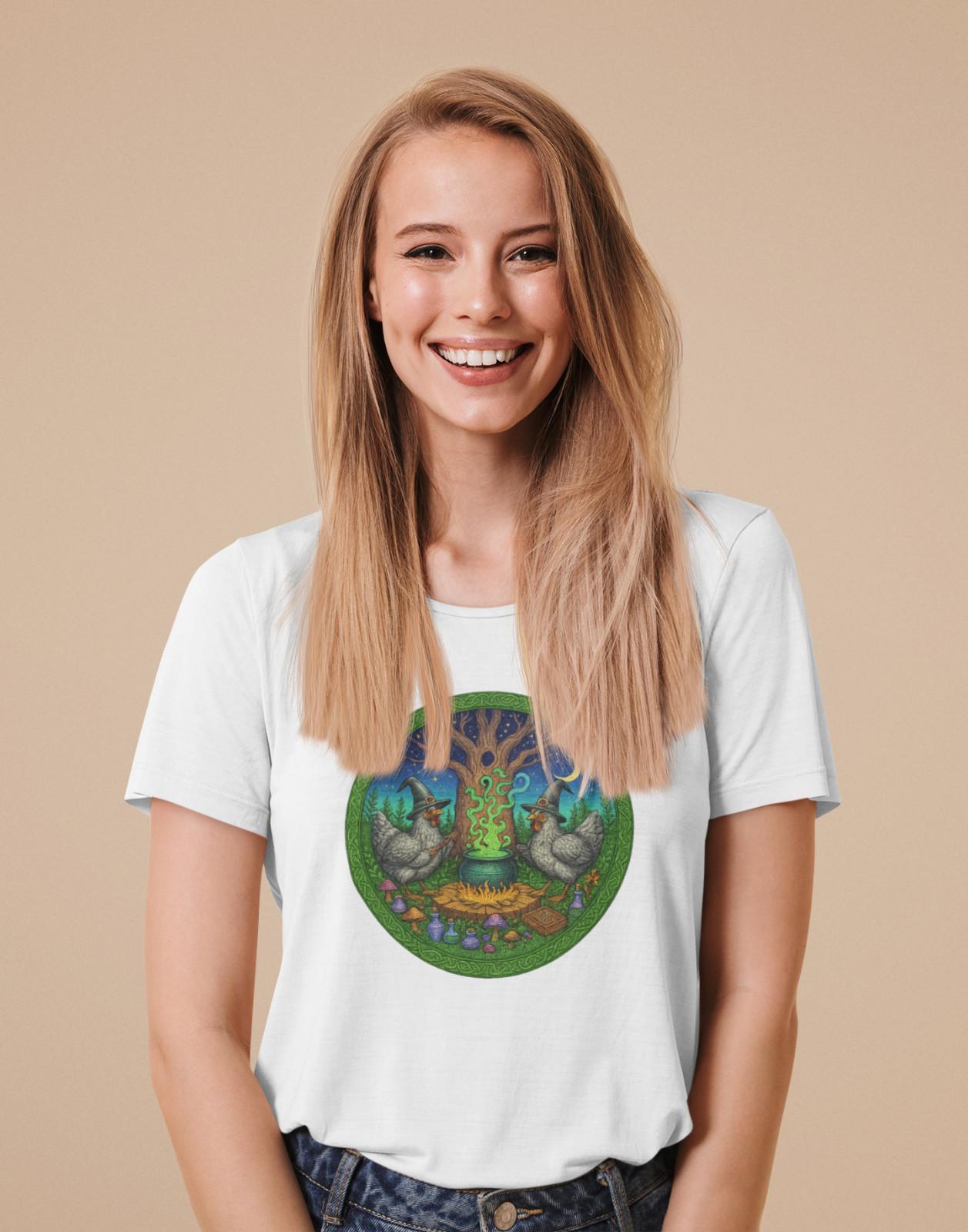 Witch Chickens Cauldron Magic Forest Graphic Tee Colorful Witchy T-Shirt B22 S