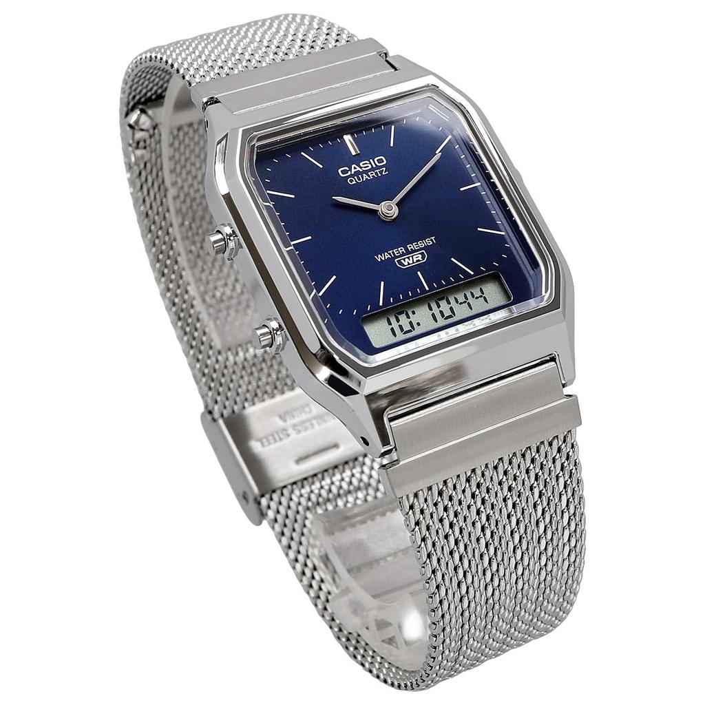 CASIO ANA-DIGI Vintage Series AQ-230EM-2A Mesh Metal Band Unisex Dual Time Navy