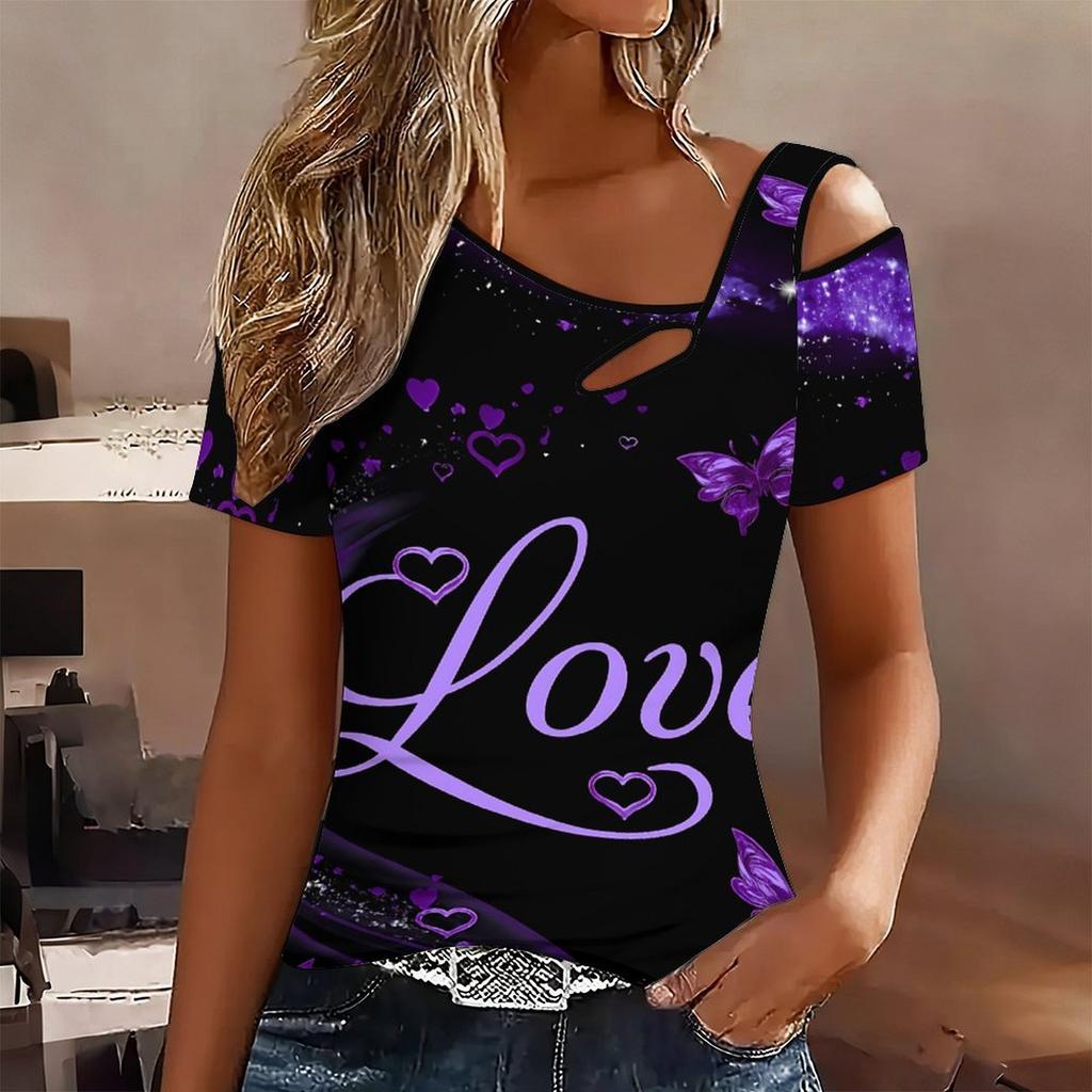 T-shirt da donna a maniche corte con stampa a forma di cuore, spalle scoperte, scollo irregolare con ritaglio, top casual estivo