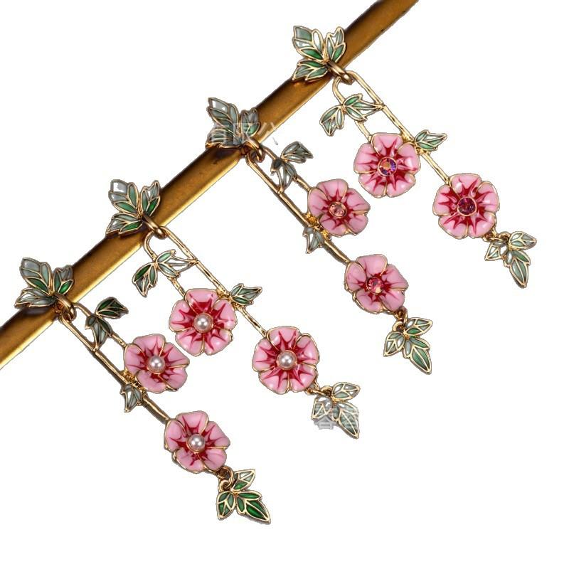 French Retro Pink Enamel Flower Earrings Women Vintage High-end Exquisite Long Fragrant Style