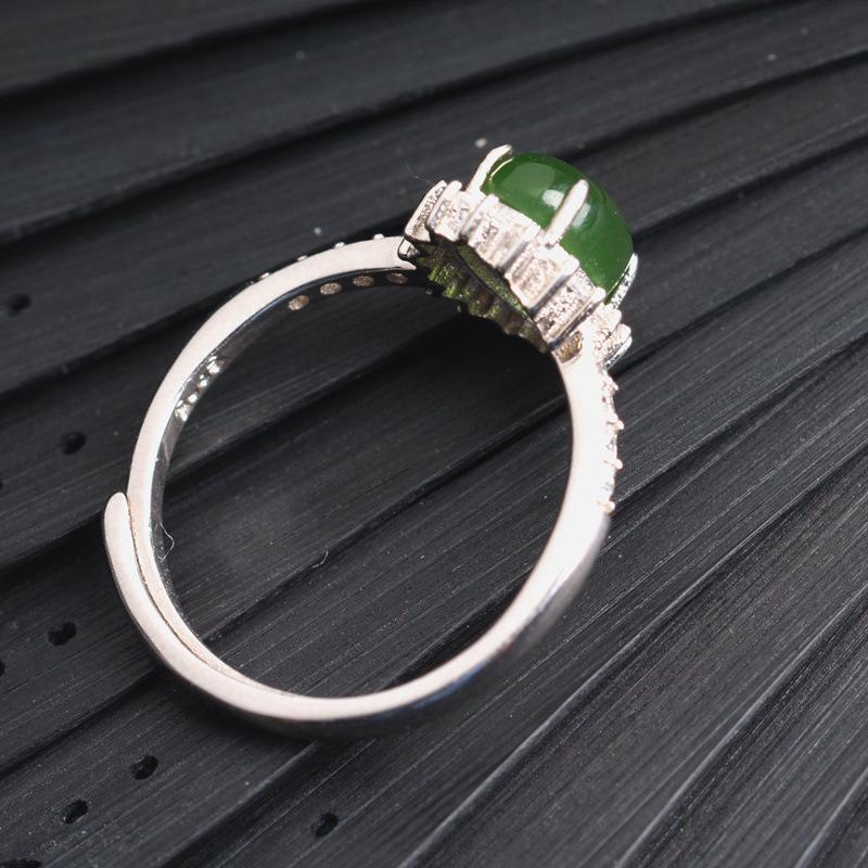 Adjustable Women's Ring with 925 Sterling Silver, Green Jasper, Zircon, and Jade Oval Design, with Certificate
