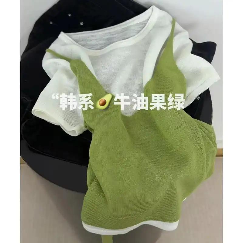 Women Fake Two Piece Spaghetti Strap Overlay Short Sleeve Crew Neck Casual Knit Tee Top M зелёный