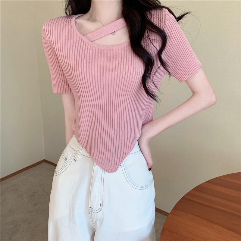 Design Sense Irregular Exposed Collarbone Versatile Chic Short Section Knit Short-sleeved Tops Casual Essential Comfort Style Slim Fit Pullovers Tees