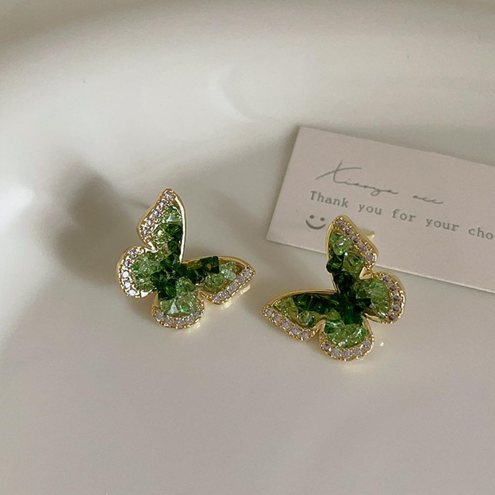 Green Crystal Butterfly Stud Earrings Female Design Sense Niche Personality Versatile Temperament Earrings Earrings