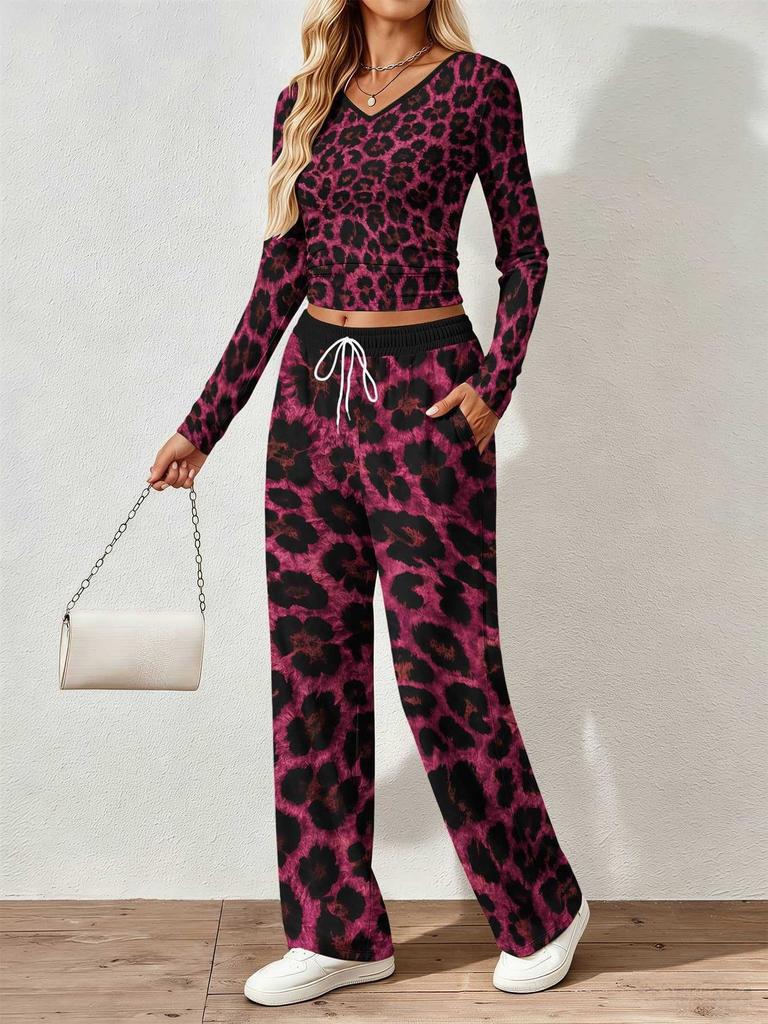 Spring and Autumn Ladies V-Neck Long Sleeve Pants Set Comfortable Casual Versatile Slim Two-piece Set