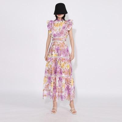 Eleganter französischer langer Rock: 2025 Frühling Stehkragen Spitze Ärmellos Besticktes Kleid für Damen