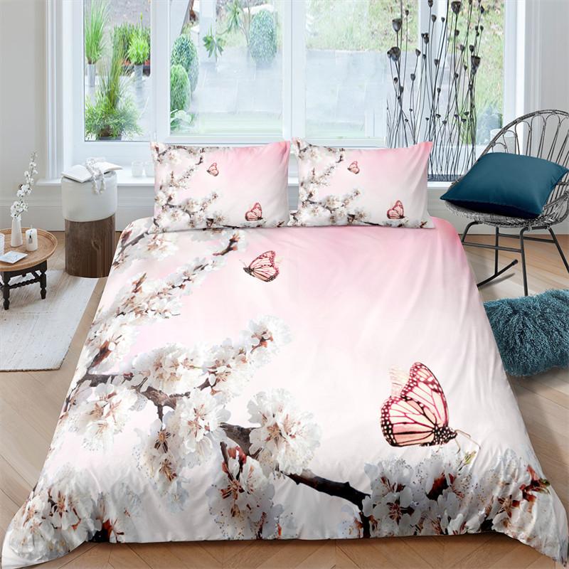 Plum Blossom Duvet Cover Set King Pink Flower Quilt Cover For Girls Microfiber Branches Printed Japanese Ink Style Bedding Set