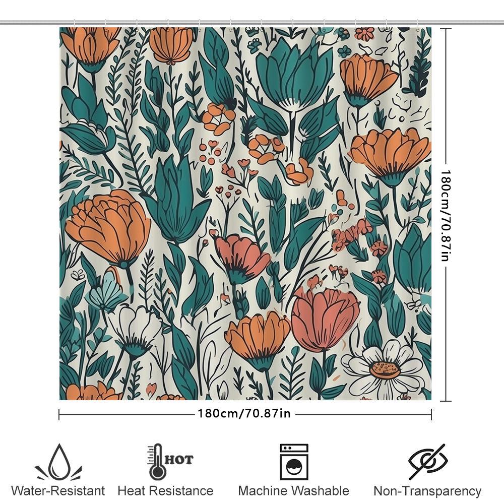 Floral Print Shower Curtain Waterproof Bathroom Decor Fabric Shower Caves With Hooks, Green Orange 3D Pattern (72X84 Inches)