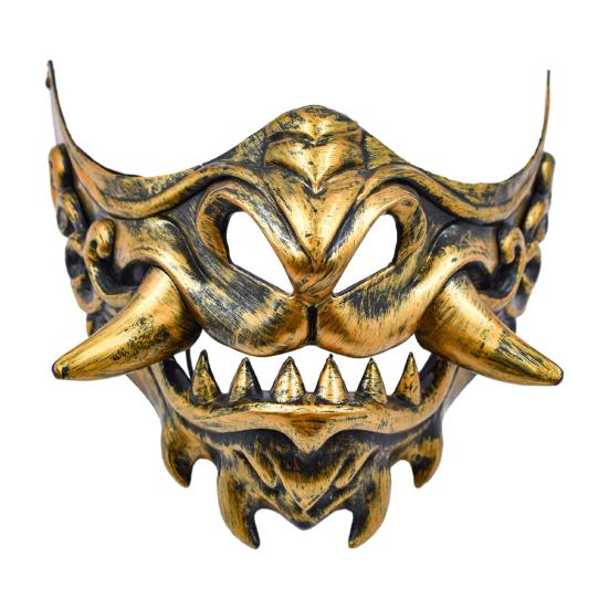 Halloween Cosplay Costume Mask Japanese Hannya Red Half Mask, Wolf Teeth & Embossed Cloud Details, Breathable Lightweight Distressed Design