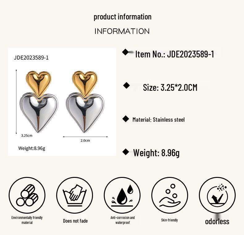INS Style 18K Gold Stainless Steel Heart Earrings - Gold & Silver Two-Tone Women's Jewelry