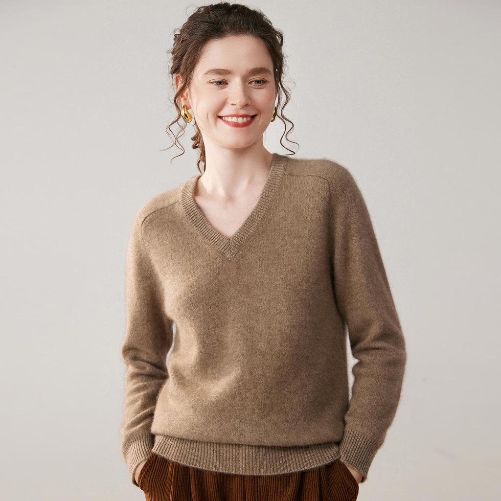 Women's V-Neck Loose Knit Cashmere Sweater - Autumn/Winter Style, Thick Long Sleeve, Slimming and Fashionable
