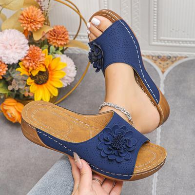 Flache Hausschuhe für Damen mit offenen Zehen und Blumenverzierungen, Strandsandalen, flache Sohle, bequeme Freizeitschuhe in Volltonfarbe, flache Sandalen mit dicker Sohle