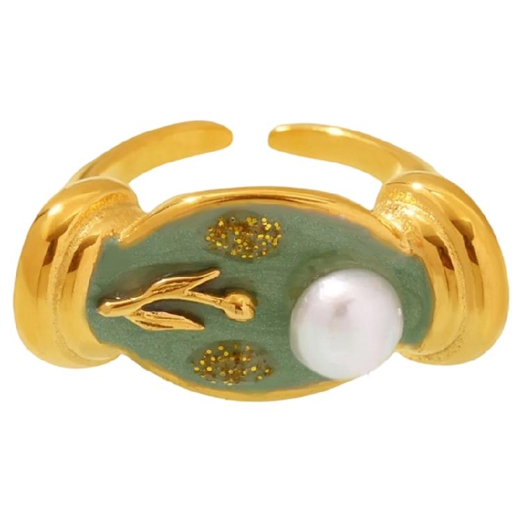 Gioiello Artistico Fiore di Rosa Anello in Acciaio Inossidabile Smaltato con Accenti di Perle Fascia Regolabile Anello Aperto Gioielli Floreali